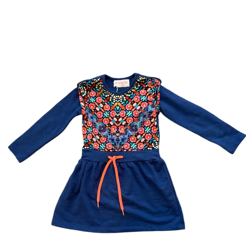 Mim-Pi Navy Girls Dress‎ with Colorful Floral Print Long Sleeves Sz 4y NWT